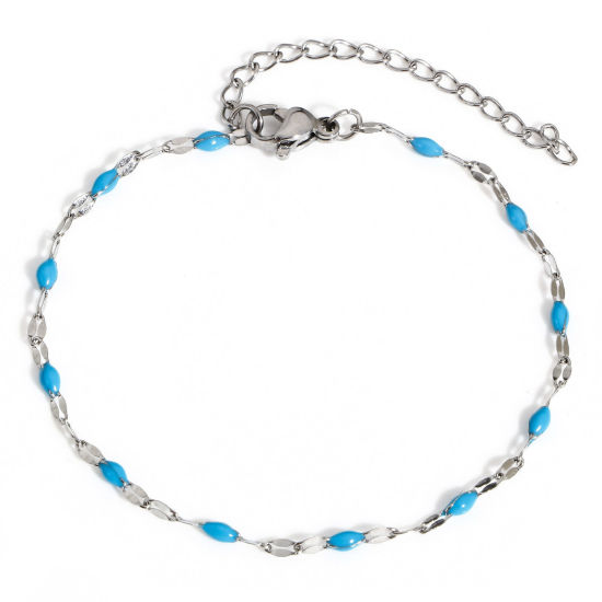 Immagine di 1 Pz 304 Acciaio Inossidabile Catena delle Labbra Braccialetti Tono Argento Blu Smalto 17.5cm Lunghezza