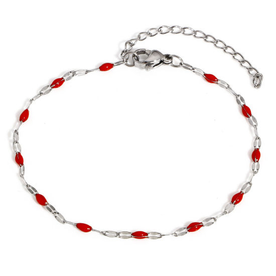 Immagine di 1 Pz 304 Acciaio Inossidabile Catena delle Labbra Braccialetti Tono Argento Rosso Smalto 17.5cm Lunghezza