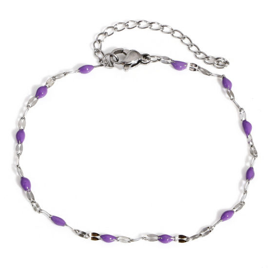 Immagine di 1 Pz 304 Acciaio Inossidabile Catena delle Labbra Braccialetti Tono Argento Colore Viola Smalto 17.5cm Lunghezza