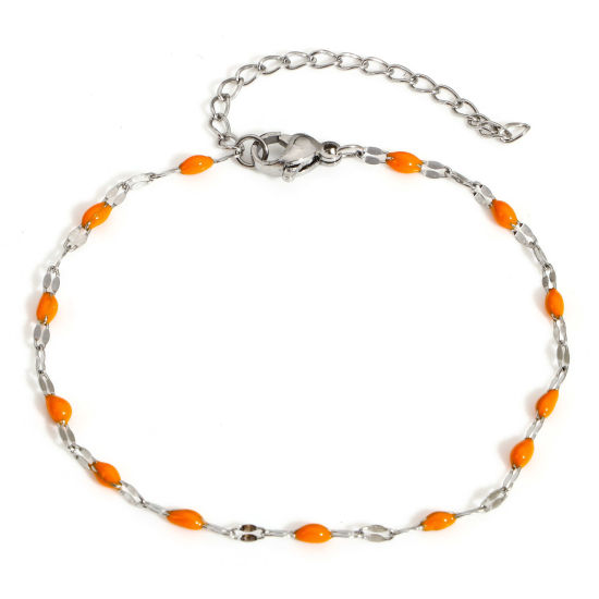 Immagine di 1 Pz 304 Acciaio Inossidabile Catena delle Labbra Braccialetti Tono Argento Arancione Smalto 17.5cm Lunghezza