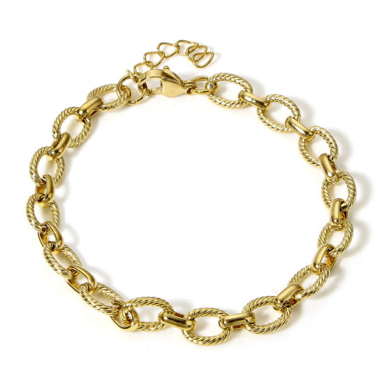 Bild von 1 Strang Vakuumbeschichtung 304 Edelstahl Gliederkette Kette Armband 18K Gold plattiert Mit Karabiner Verschluss und Verlängerungskette Extender 18cm lang