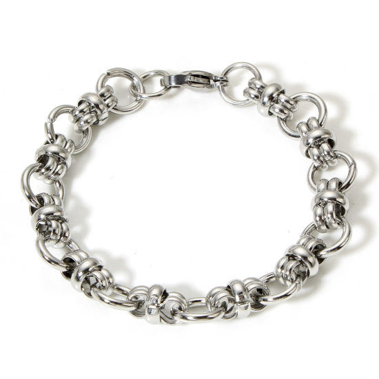 Picture of 1 Piece 304 Stainless Steel Handmade Link Chain Bracelets Silver Tone 19.5cm(7 5/8") long
