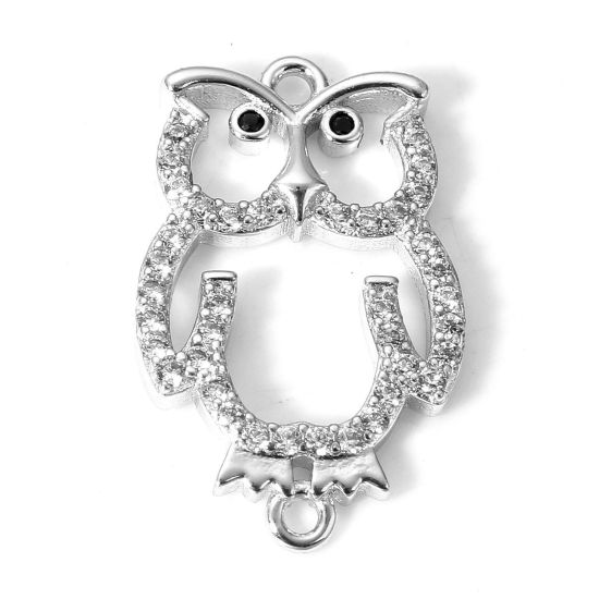 Picture of 1 Piece Brass Halloween Connectors Charms Pendants Owl Animal Real Platinum Plated Micro Pave Clear Cubic Zirconia 22mm x 13mm                                                                                                                                
