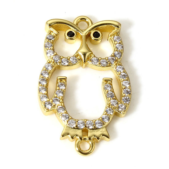 Picture of 1 Piece Brass Halloween Connectors Charms Pendants Owl Animal 18K Real Gold Plated Micro Pave Clear Cubic Zirconia 22mm x 13mm                                                                                                                                