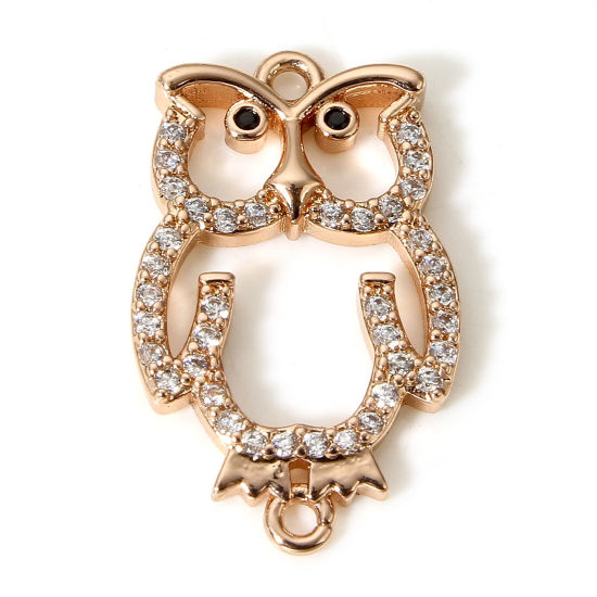 Picture of 1 Piece Brass Halloween Connectors Charms Pendants Owl Animal Real Rose Gold Plated Micro Pave Clear Cubic Zirconia 22mm x 13mm                                                                                                                               