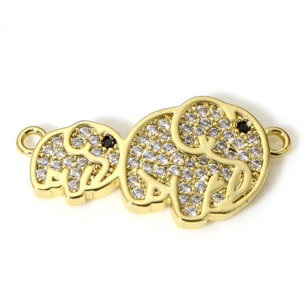 Picture of 1 Piece Brass Mother's Day Charms Connectors Charms Pendants Elephant Animal 18K Real Gold Plated Micro Pave Clear Cubic Zirconia 24mm x 12mm