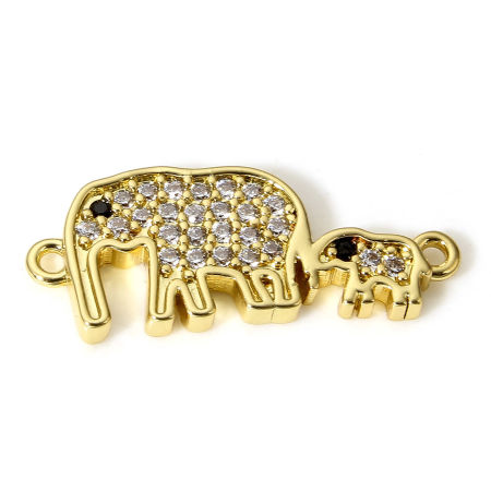 Picture of 1 Piece Brass Mother's Day Charms Connectors Charms Pendants Elephant Animal 18K Real Gold Plated Micro Pave Clear Cubic Zirconia 21mm x 19mm