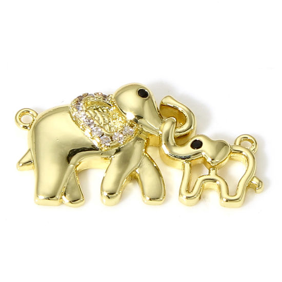 Picture of 1 Piece Brass Mother's Day Charms Connectors Charms Pendants Elephant Animal 18K Real Gold Plated Micro Pave Clear Cubic Zirconia 24mm x 13mm                                                                                                                 