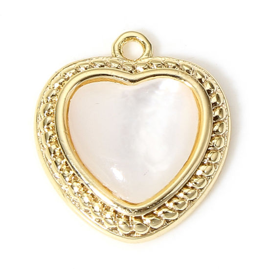 Picture of 1 Piece Natural Shell & Brass Valentine's Day Charms 18K Real Gold Plated Heart 13.5mm x 12mm