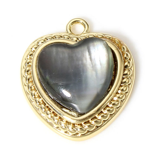 Picture of 1 Piece Natural Shell & Brass Valentine's Day Charms 18K Real Gold Plated Heart 13.5mm x 12mm