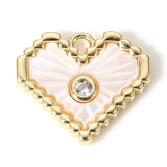 Picture of 1 Piece Natural Shell & Brass Valentine's Day Charms 18K Real Gold Plated Heart 14mm x 12mm