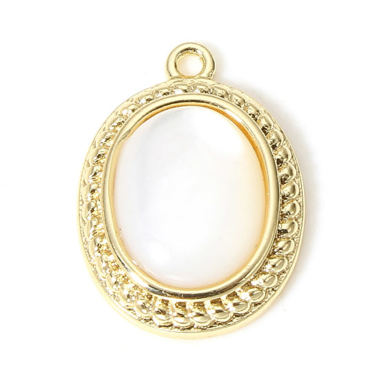 Picture of 1 Piece Natural Shell & Brass Charms 18K Real Gold Plated Oval 15mm x 11mm