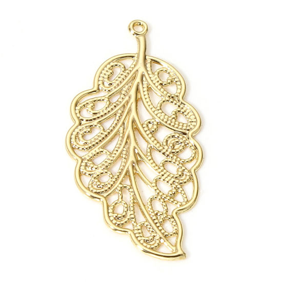 Picture of 5 PCs Brass Pendants 18K Real Gold Plated Leaf Hollow 3.4cm x 1.7cm