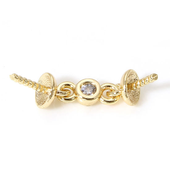 Immagine di 2 Pz Ottone Connettore Ciondolo Perla Bail Pin Cap 18K Vero Oro Placcato Trasparente Cubic Zirconiae 16mm x 3.5mm, Spessore dell'ago: 0.8mm
