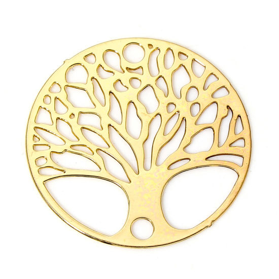 Picture of 10 PCs Iron Based Alloy Filigree Stamping Connectors Charms Pendants KC Gold Plated Round Tree of Life Hollow 20mm Dia.