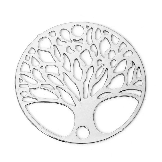 Picture of 10 PCs Iron Based Alloy Filigree Stamping Connectors Charms Pendants Silver Tone Round Tree of Life Hollow 20mm Dia.