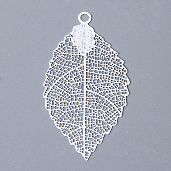 Picture of 10 PCs Iron Based Alloy Filigree Stamping Pendants White Leaf Hollow 5.4cm x 3cm