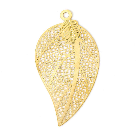 Picture of 10 PCs Iron Based Alloy Filigree Stamping Pendants KC Gold Plated Leaf Hollow 3.9cm x 2.1cm