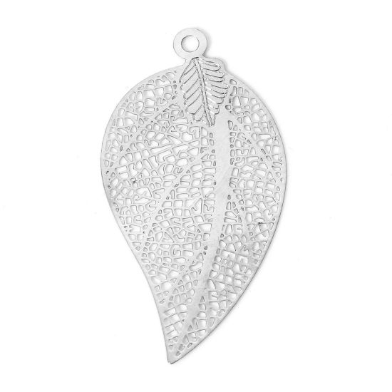 Picture of 10 PCs Iron Based Alloy Filigree Stamping Pendants Silver Tone Leaf Hollow 3.9cm x 2.1cm