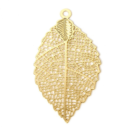 Picture of 10 PCs Iron Based Alloy Filigree Stamping Pendants KC Gold Plated Leaf Hollow 3.9cm x 2.1cm