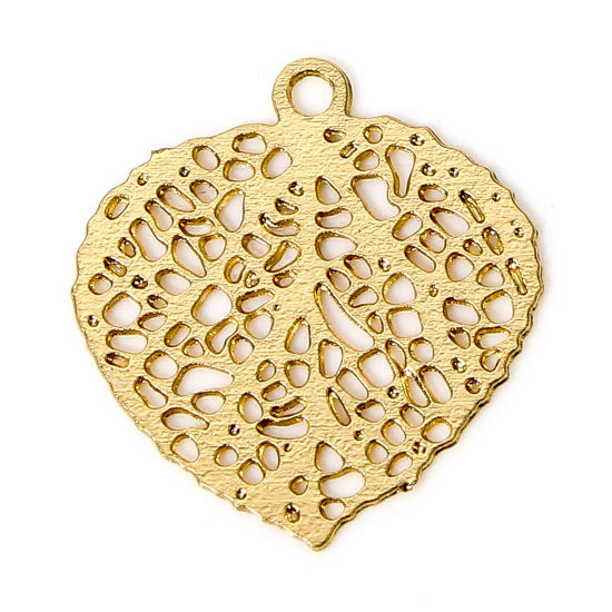 Picture of 50 PCs Iron Based Alloy Filigree Stamping Charms KC Gold Plated Leaf Hollow 13mm x 12mm