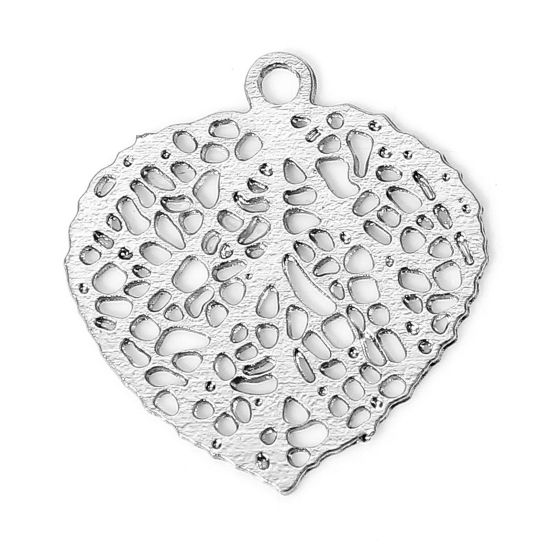 Picture of 50 PCs Iron Based Alloy Filigree Stamping Charms Silver Tone Leaf Hollow 13mm x 12mm