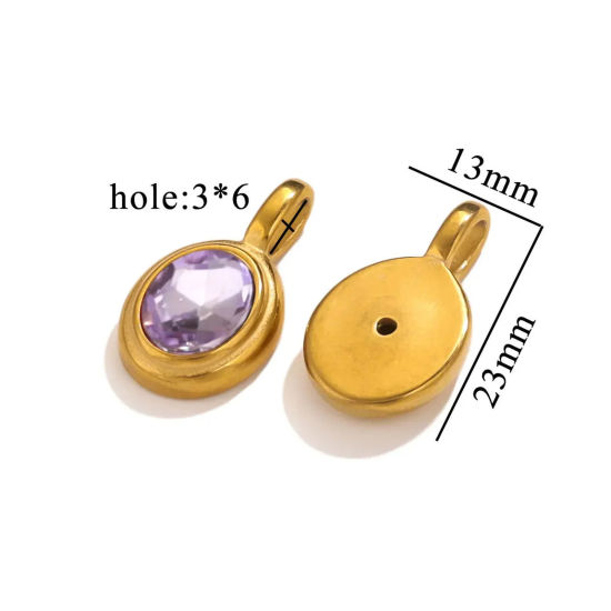 Immagine di 1 Pz Placcatura Sottovuoto 304 Acciaio Inossidabile Ciondoli Ovale Placcato Oro 18K Ametista Strass 13mm x 23mm