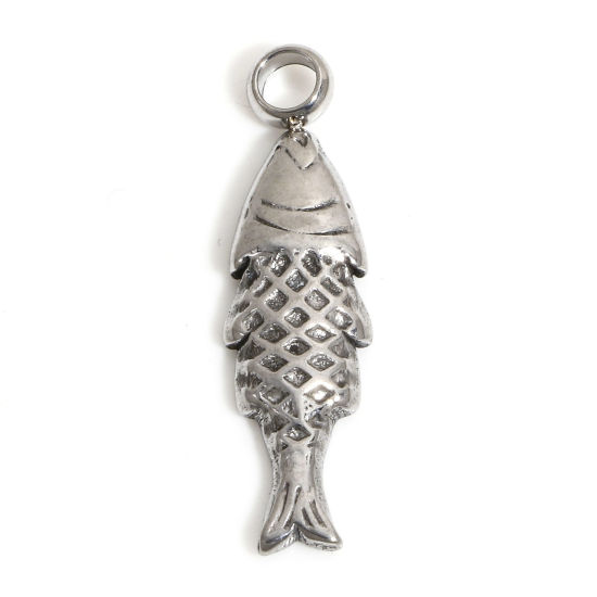 Picture of 1 Piece 304 Stainless Steel Ocean Jewelry Pendants Silver Tone Fish Animal 24mm x 6.5mm
