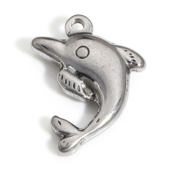Picture of 1 Piece 304 Stainless Steel Ocean Jewelry Pendants Silver Tone Dolphin Animal 25mm x 19mm