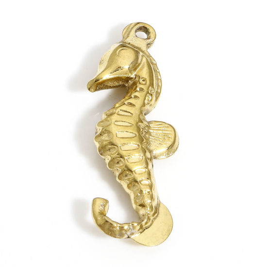 Picture of 1 Piece Vacuum Plating 304 Stainless Steel Ocean Jewelry Pendants 18K Gold Plated Seahorse Animal 29mm x 11mm