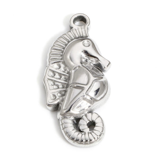 Picture of 1 Piece 304 Stainless Steel Ocean Jewelry Pendants Silver Tone Seahorse Animal 3.2cm x 1.5cm