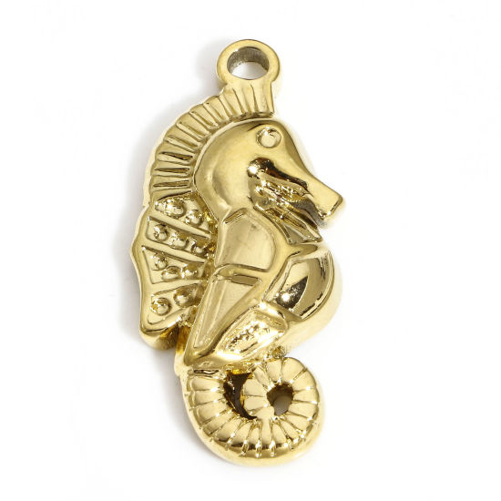 Picture of 1 Piece Vacuum Plating 304 Stainless Steel Ocean Jewelry Pendants 18K Gold Plated Seahorse Animal 3.2cm x 1.5cm