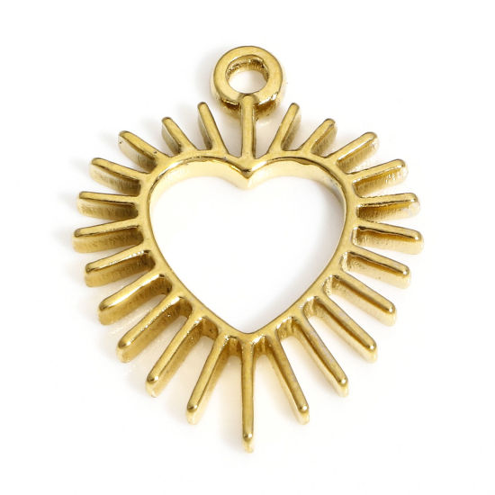 Picture of 1 Piece Vacuum Plating 304 Stainless Steel Valentine's Day Charms 18K Gold Plated Heart Sun Rays 20mm x 16mm