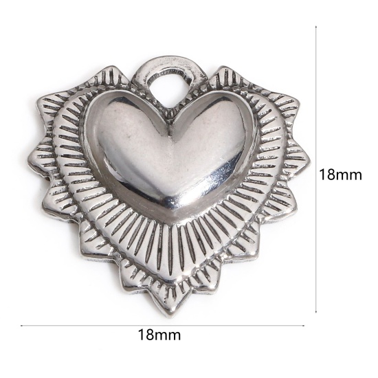 Picture of 1 Piece 304 Stainless Steel Valentine's Day Charms Silver Tone Heart Stripe 18mm x 18mm