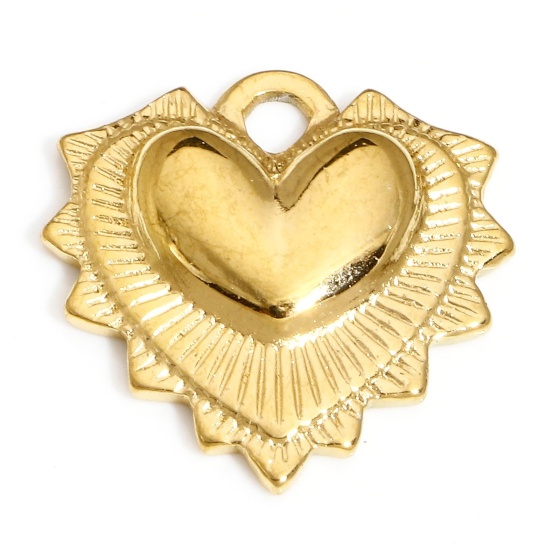 Picture of 1 Piece Vacuum Plating 304 Stainless Steel Valentine's Day Charms 18K Gold Plated Heart Stripe 18mm x 18mm