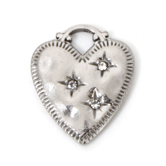 Picture of 1 Piece 304 Stainless Steel Valentine's Day Charms Silver Tone Heart Star Clear Rhinestone 20mm x 17mm