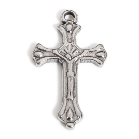 Image de 1 Pièce Breloques en 304 Acier Inoxydable Religieux Croix Argent Mat Jésus 3.3cm x 2cm