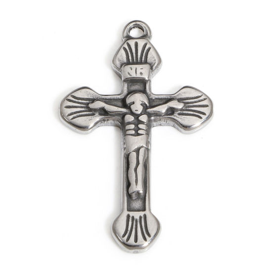 Image de 1 Pièce Breloques en 304 Acier Inoxydable Religieux Croix Argent Mat Jésus 3cm x 1.8cm