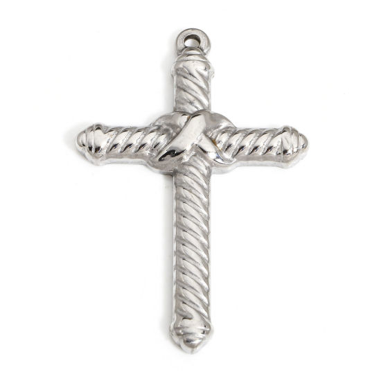 Image de 1 Pièce Breloques en 304 Acier Inoxydable Religieux Croix Argent Mat Rayées 4.5cm x 3cm