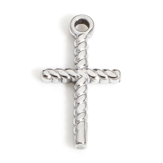 Image de 1 Pièce Breloques en 304 Acier Inoxydable Religieux Croix Argent Mat Rayées 15mm x 8.5mm