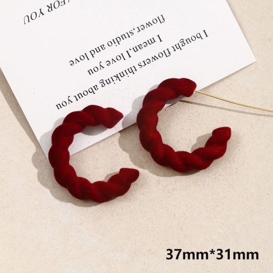 Picture of 2 PCs Acrylic Geometric Pendants C Shape Wine Red Flocking 3.7cm x 3.1cm