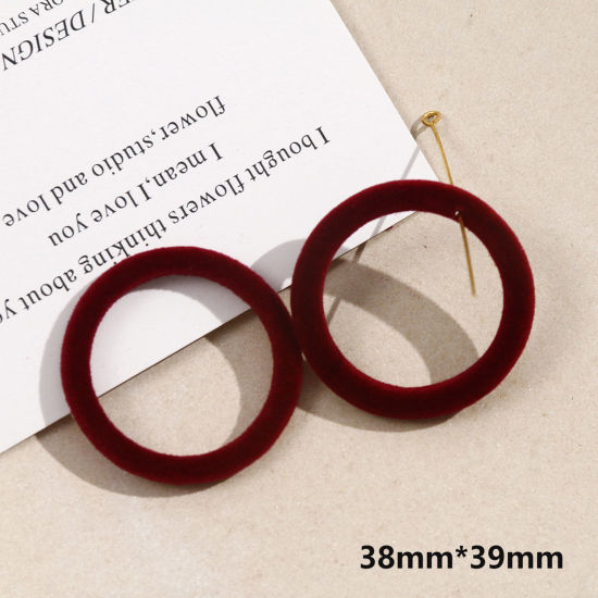 Picture of 2 PCs Acrylic Geometric Pendants Round Wine Red Flocking 3.9cm x 3.8cm
