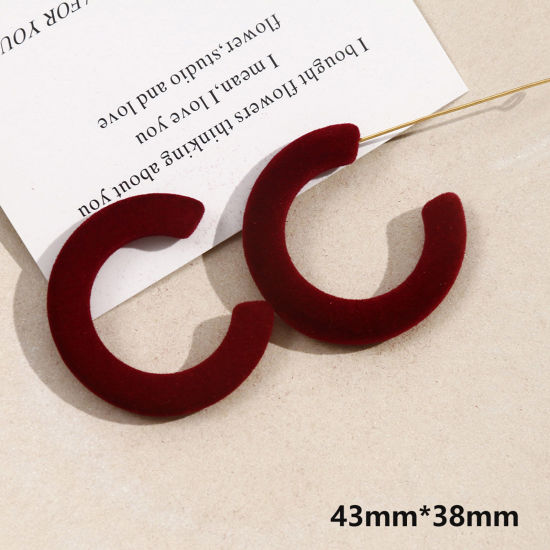 Picture of 2 PCs Acrylic Geometric Pendants C Shape Wine Red Flocking 4.3cm x 3.8cm