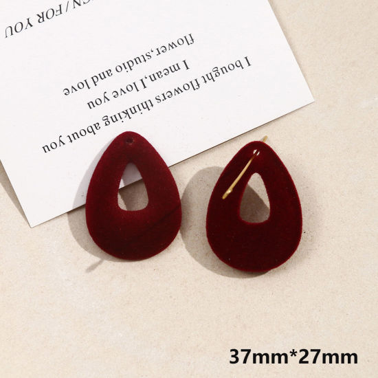 Picture of 2 PCs Acrylic Geometric Pendants Drop Wine Red Flocking 3.7cm x 2.7cm