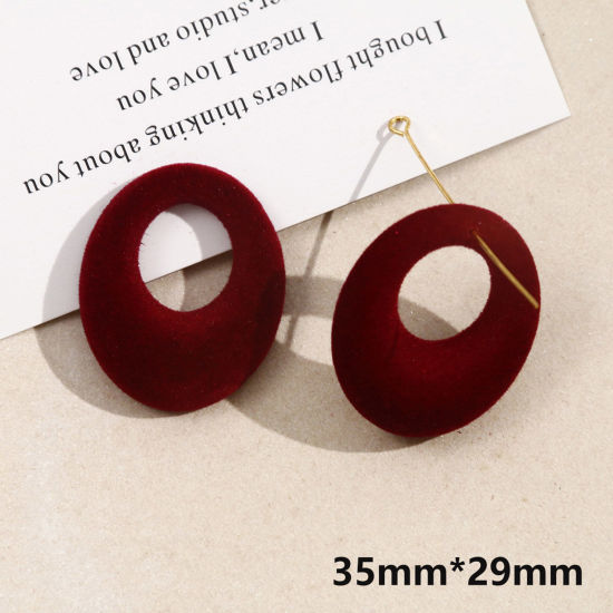 Picture of 2 PCs Acrylic Geometric Pendants Oval Wine Red Flocking 3.5cm x 2.9cm