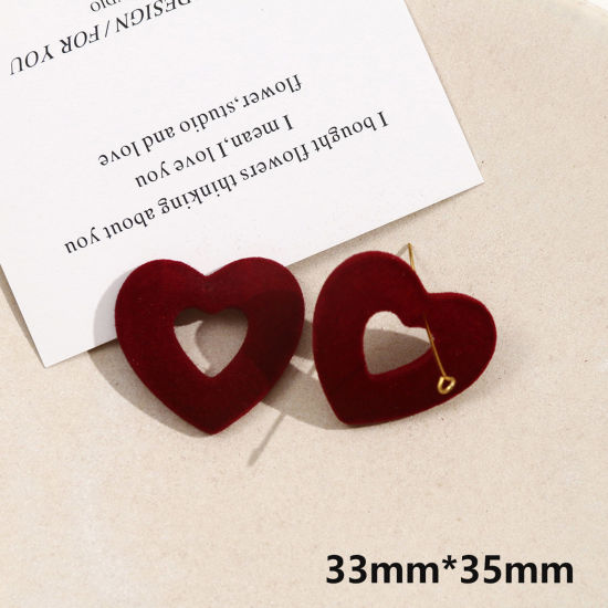 Picture of 2 PCs Acrylic Geometric Pendants Heart Wine Red Flocking 3.5cm x 3.3cm