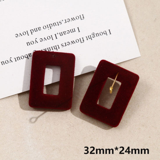 Picture of 2 PCs Acrylic Geometric Pendants Rectangle Wine Red Flocking 3.2cm x 2.4cm