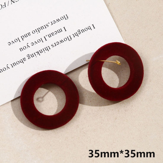 Picture of 2 PCs Acrylic Geometric Pendants Round Wine Red Flocking 3.5cm x 3.5cm