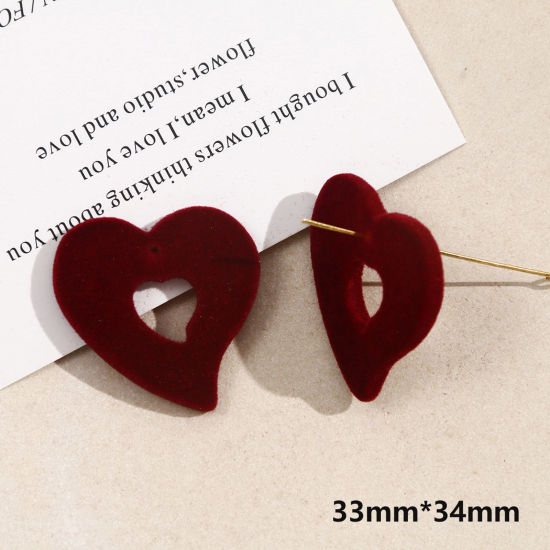 Picture of 2 PCs Acrylic Geometric Pendants Heart Wine Red Flocking 3.4cm x 3.3cm