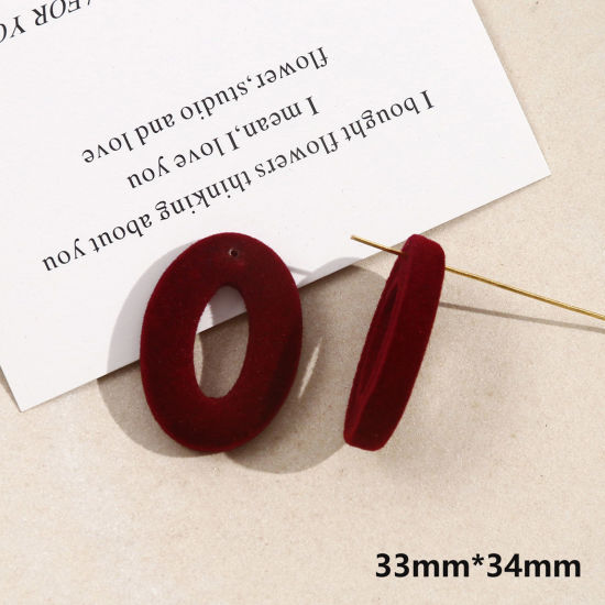 Picture of 2 PCs Acrylic Geometric Pendants Oval Wine Red Flocking 3.4cm x 3.3cm